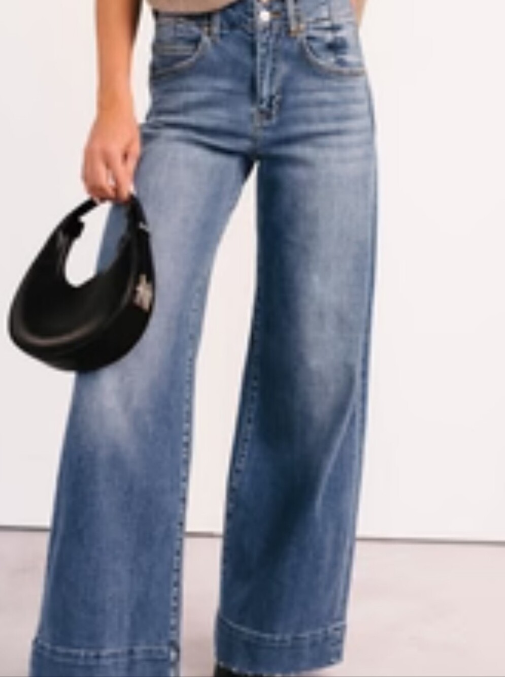 Risen CALLA Women's Blue Denim Jeans - Classic Mid Wash, High Rise, Wide Leg